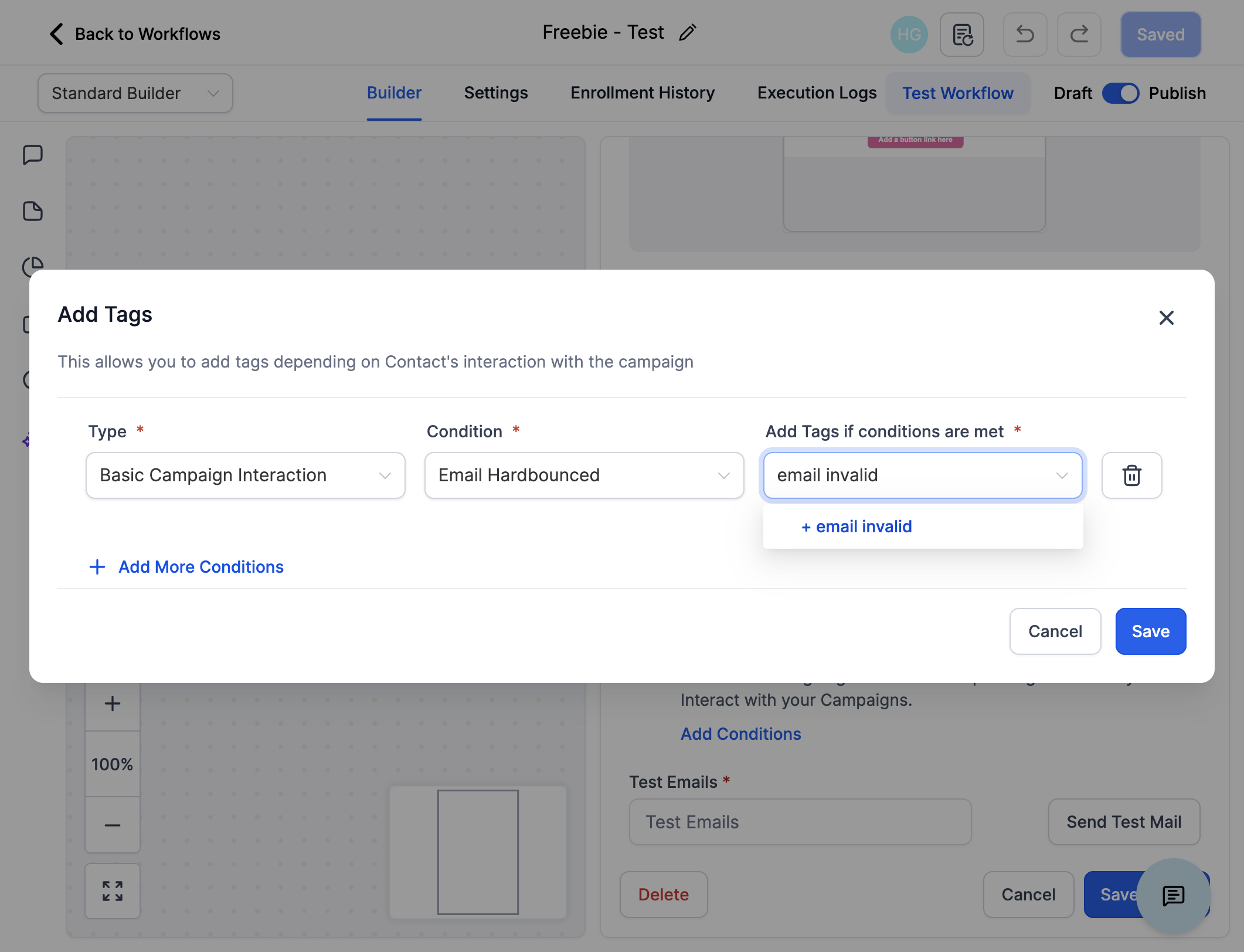 Udfyld felterne som på billedet Basic Campagn Interaction - Email Hardbounced. Opret tagget "email invalid", husk at klikke på den blå tekst