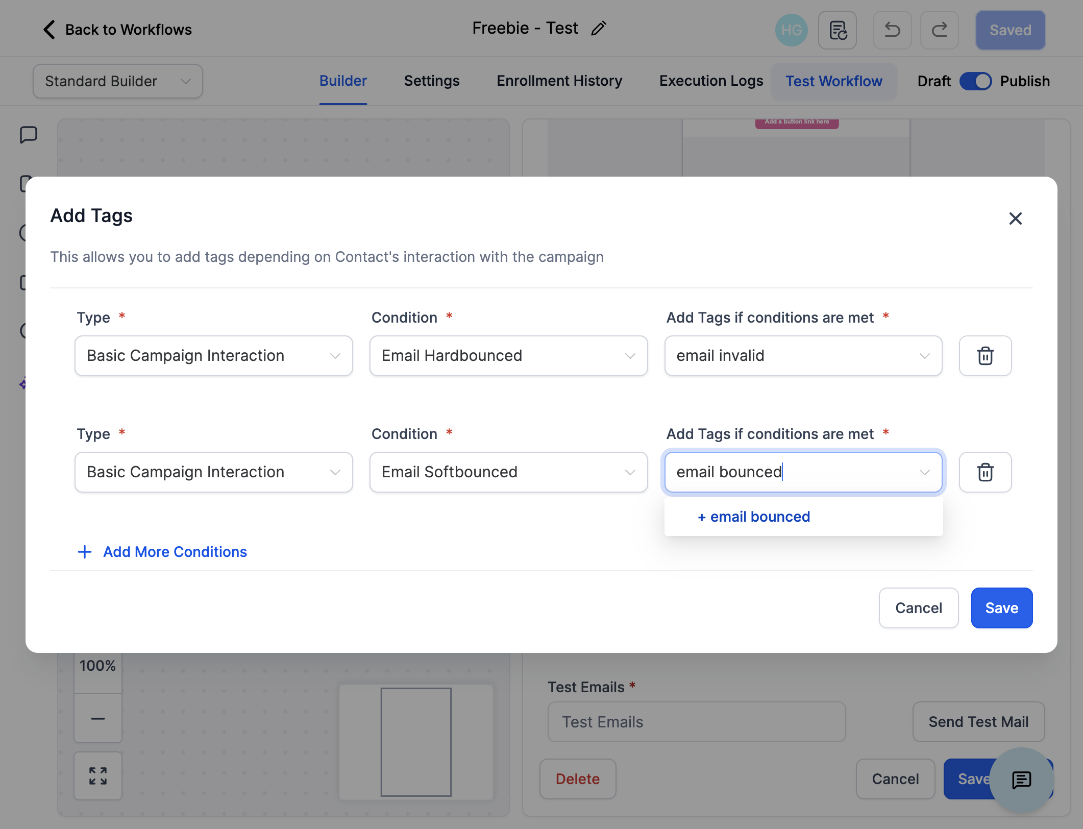 Udfyld felterne som på billedet Basic Campagn Interaction - Email Softbounced. Opret tagget "email bounced", husk at klikke på den blå tekst + email bounced