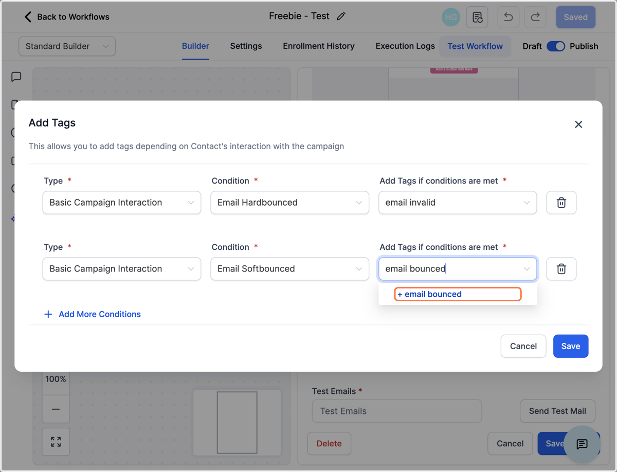 Udfyld felterne som på billedet Basic Campagn Interaction - Email Softbounced. Opret tagget "email bounced", husk at klikke på den blå tekst + email bounced