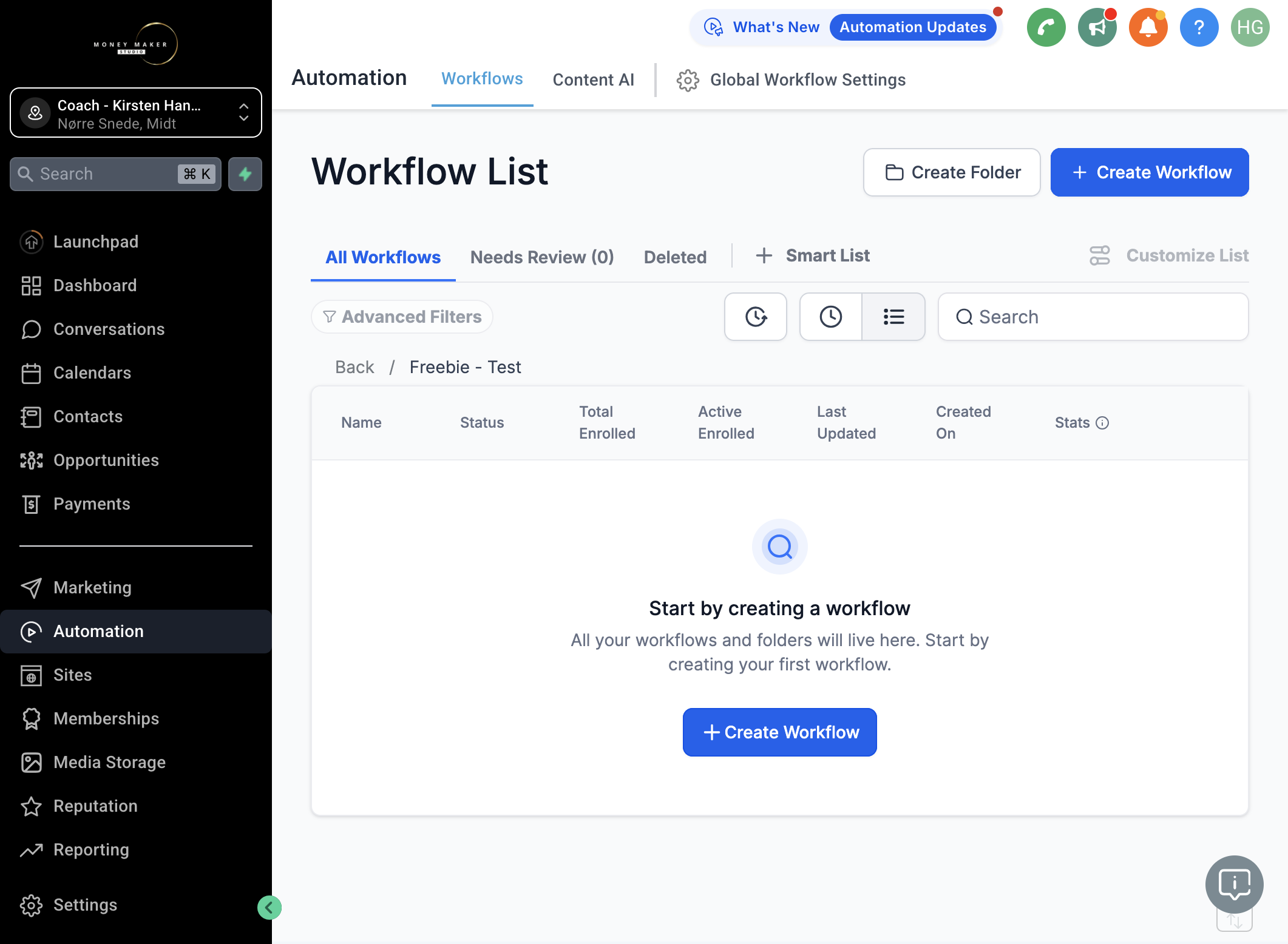 Klik på Create Workflow