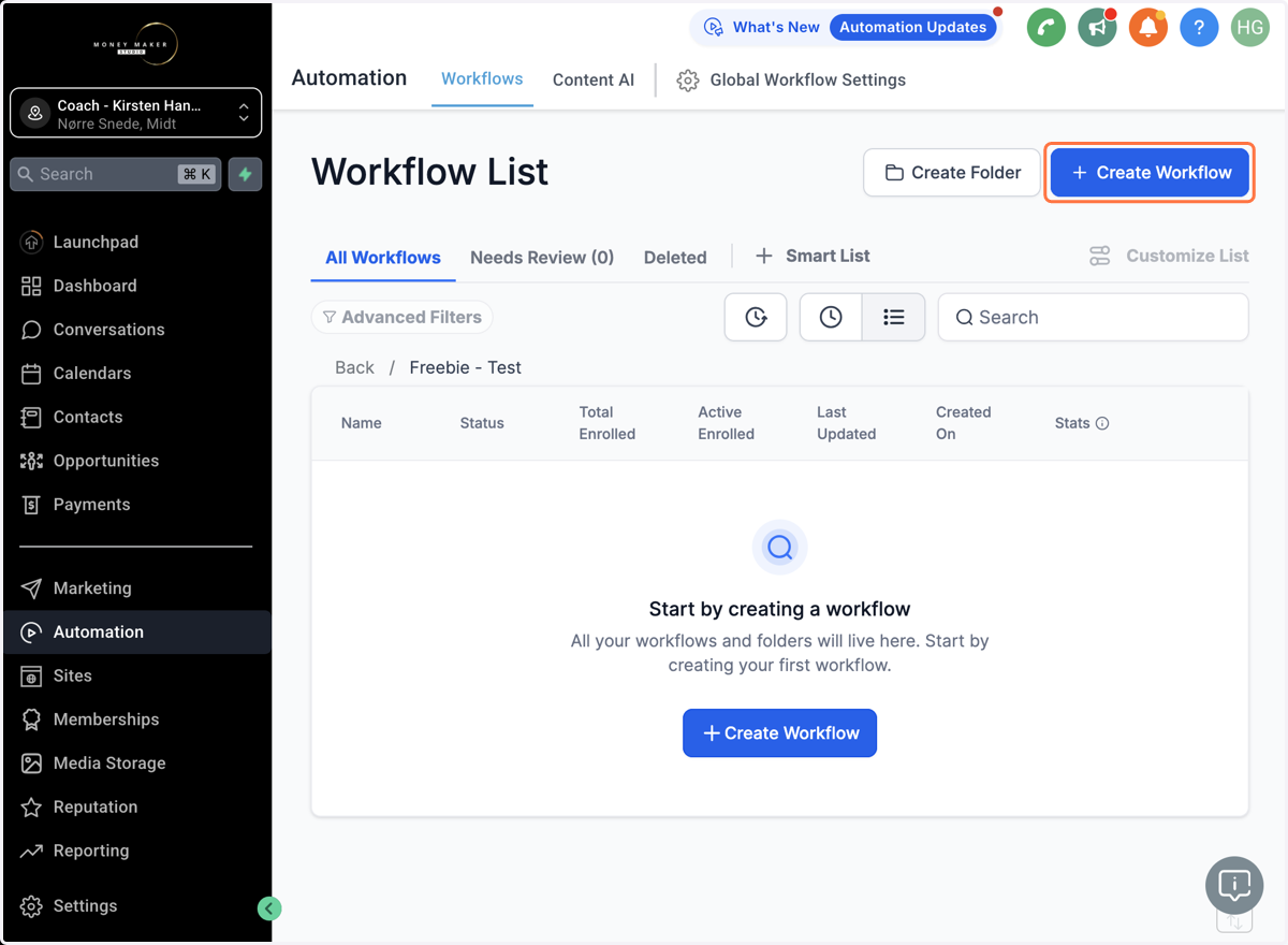 Klik på Create Workflow