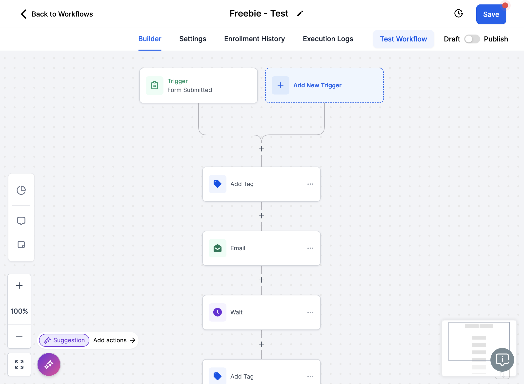 Gør dit workflow aktivt ved at klikke på tooggle baren så det skifter fra Draft til Publish.