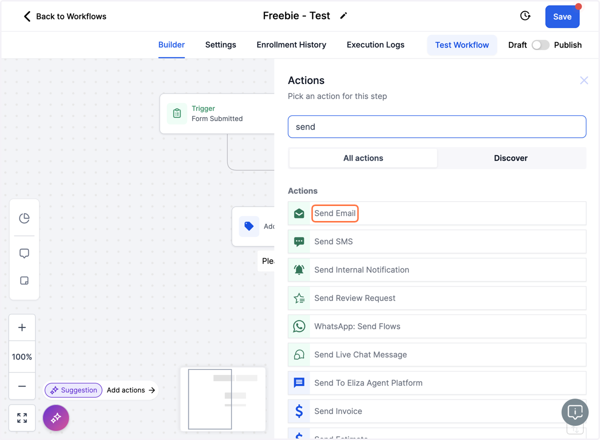 Klik på + Add Action - Vælg action - "Send Email"