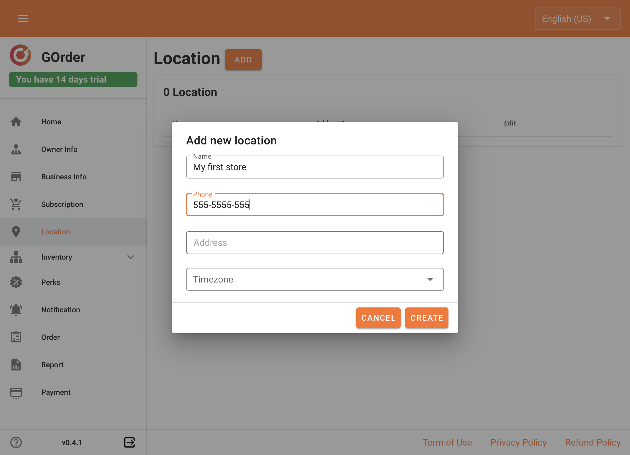 Fill your store name and phone