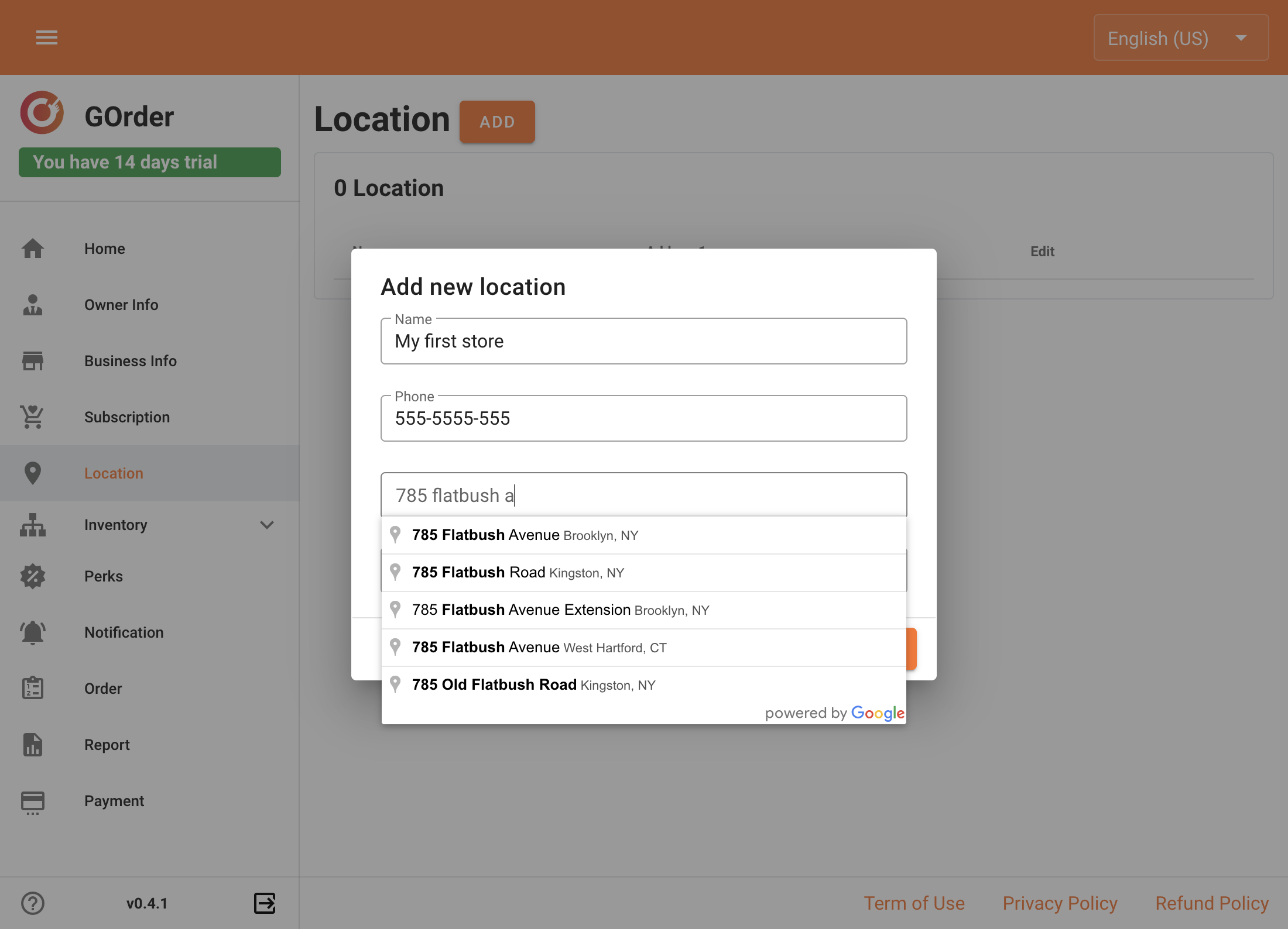 For address, please select from the drop down