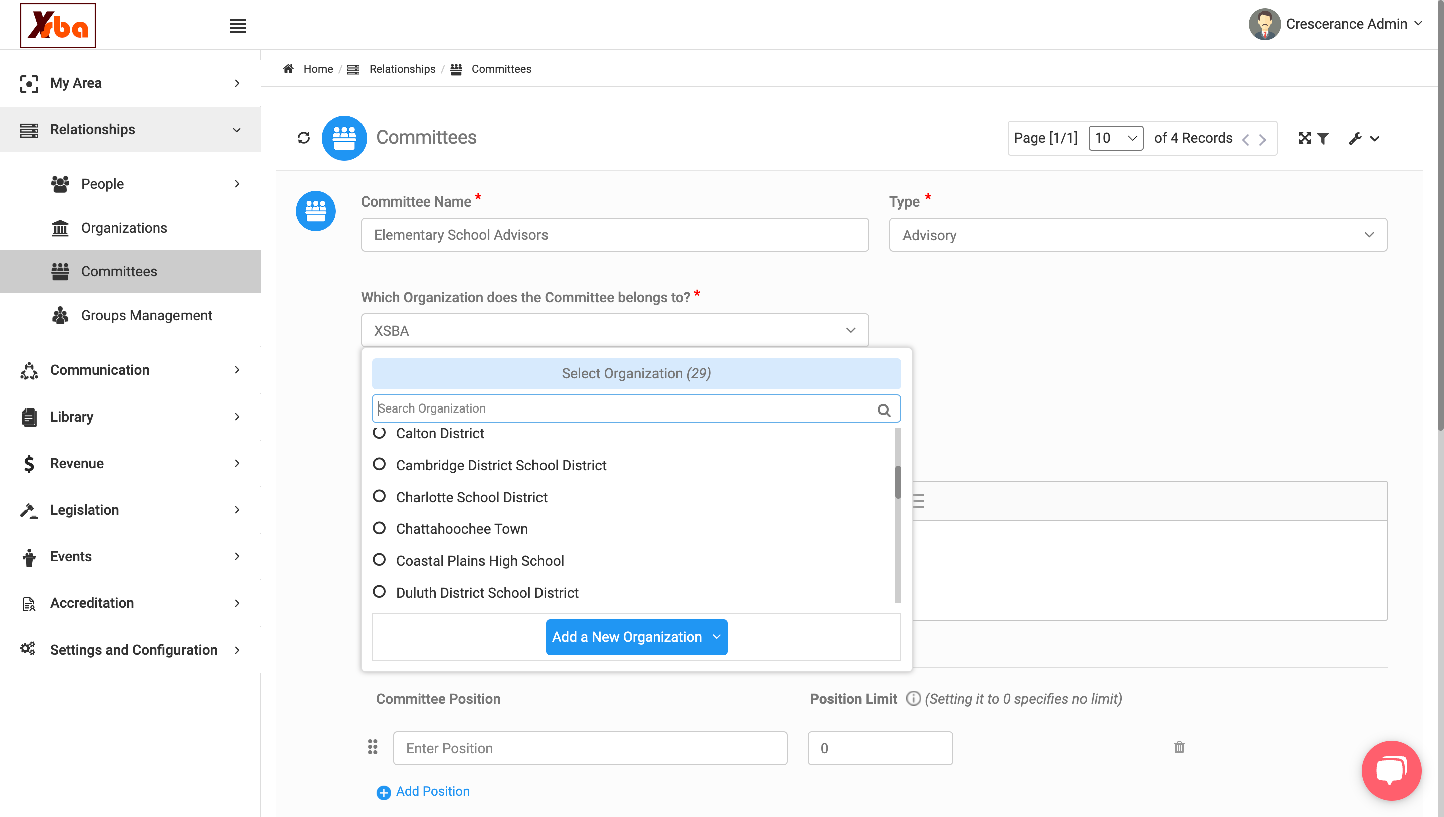 Click on the dropdown to select the organization or add a new organization for the committee