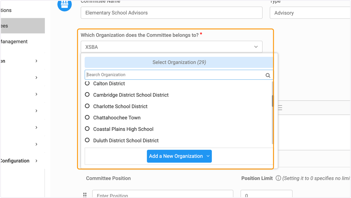 Click on the dropdown to select the organization or add a new organization for the committee