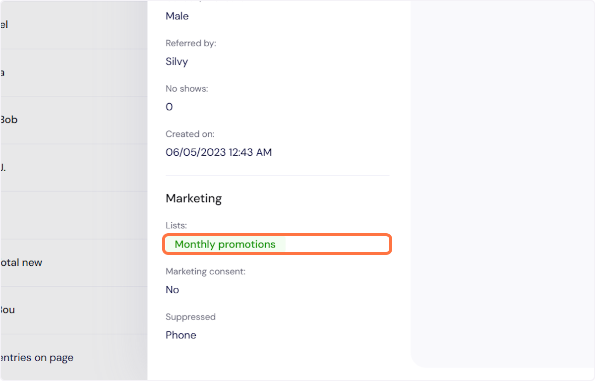 In client details, you can see if the client is subscribed to any marketing lists (Shown in green with the list's name). 