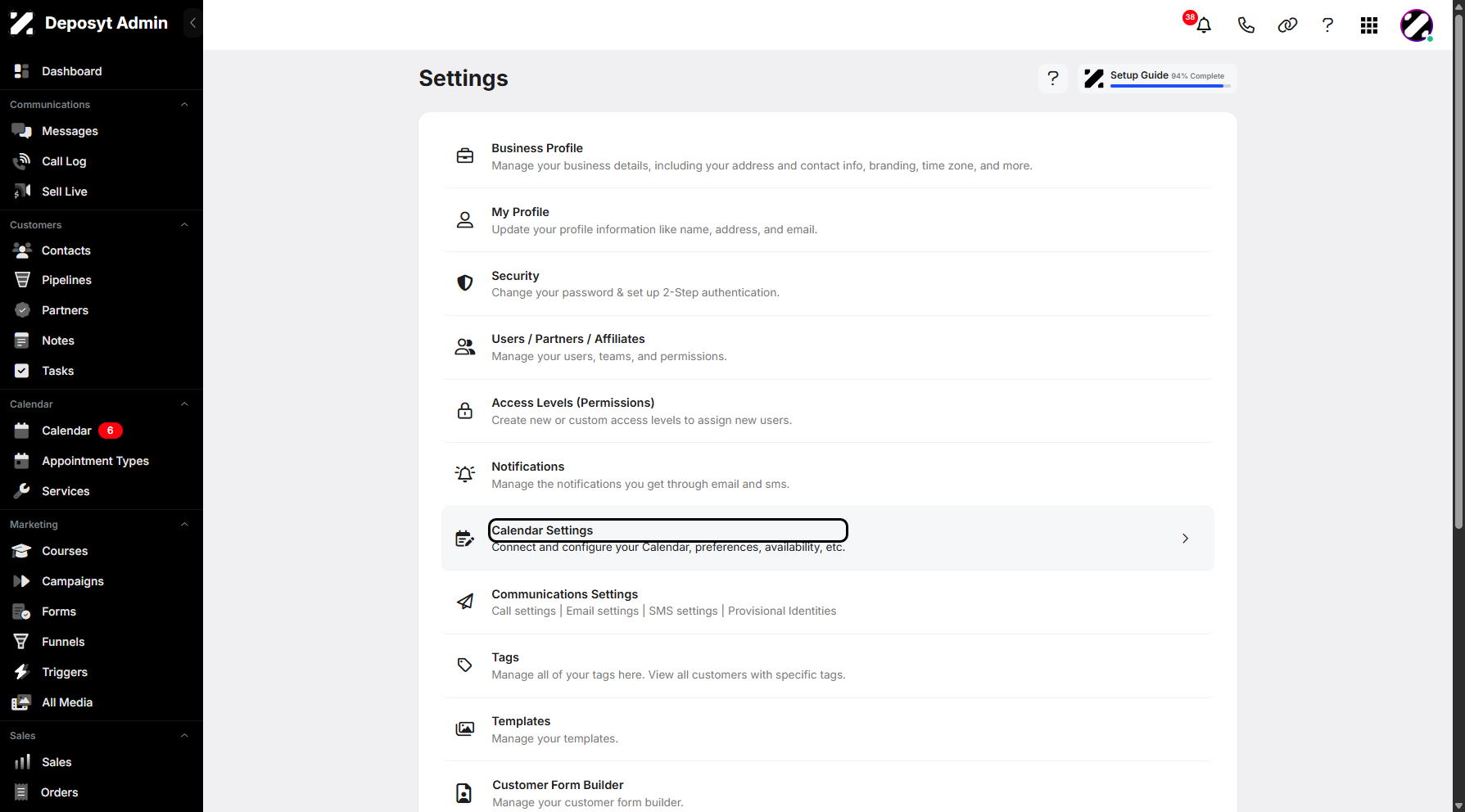 Step 3: You will then be taken to the Settings page. Click on Calendar Settings to continue.