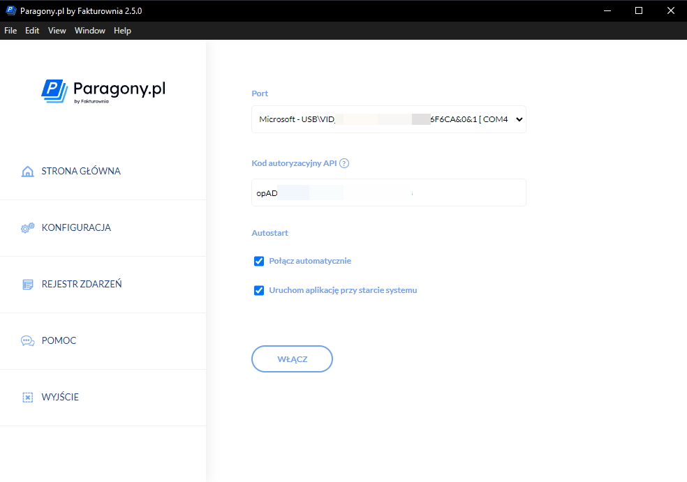 Po zainstalowaniu pliku, w interfejsie programu Paragony.pl przejdź do zakładki 'Konfiguracja'.