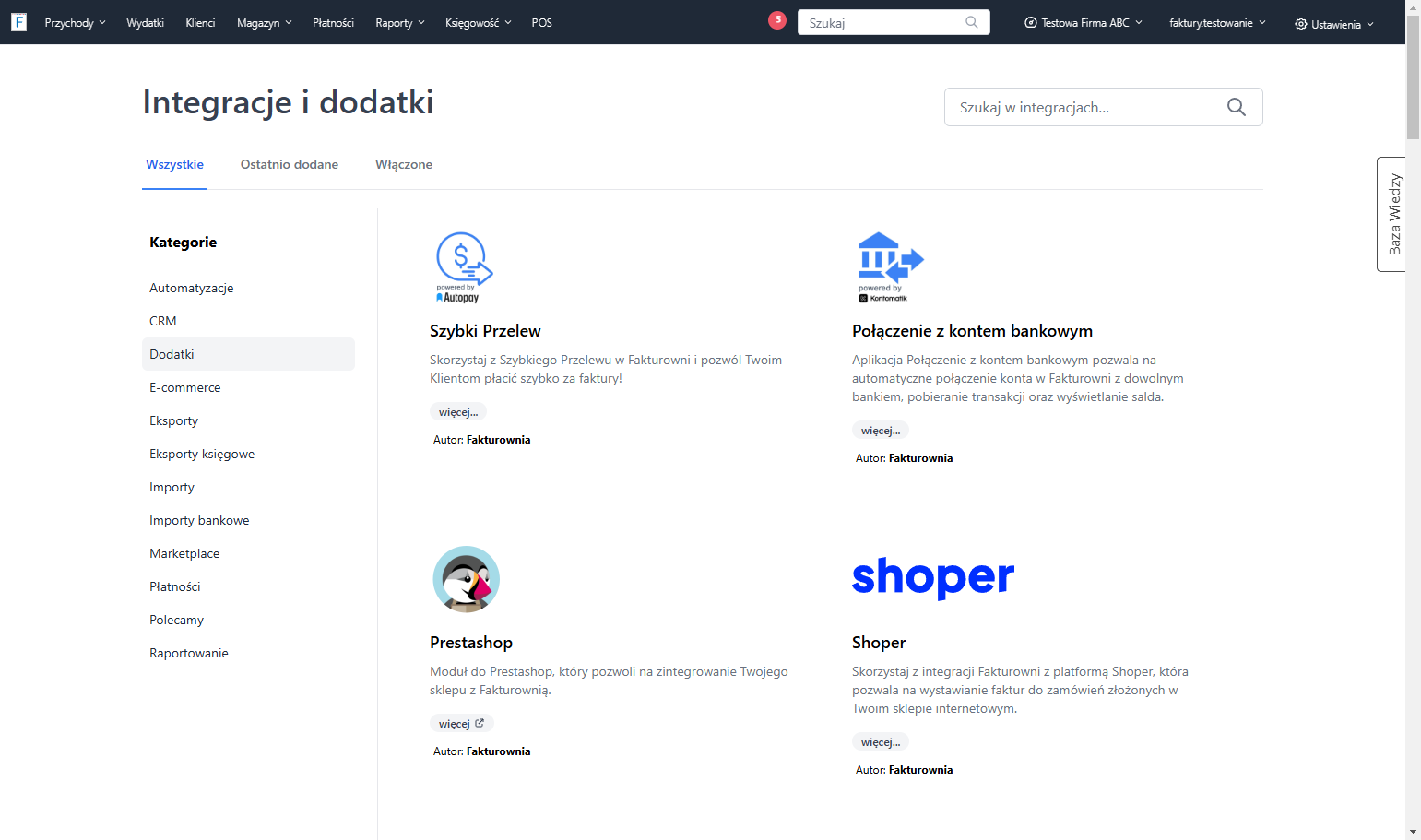 Integracja z modułem Paragony.pl dostępna jest po wybraniu z kategorii opcji 'Dodatki'.