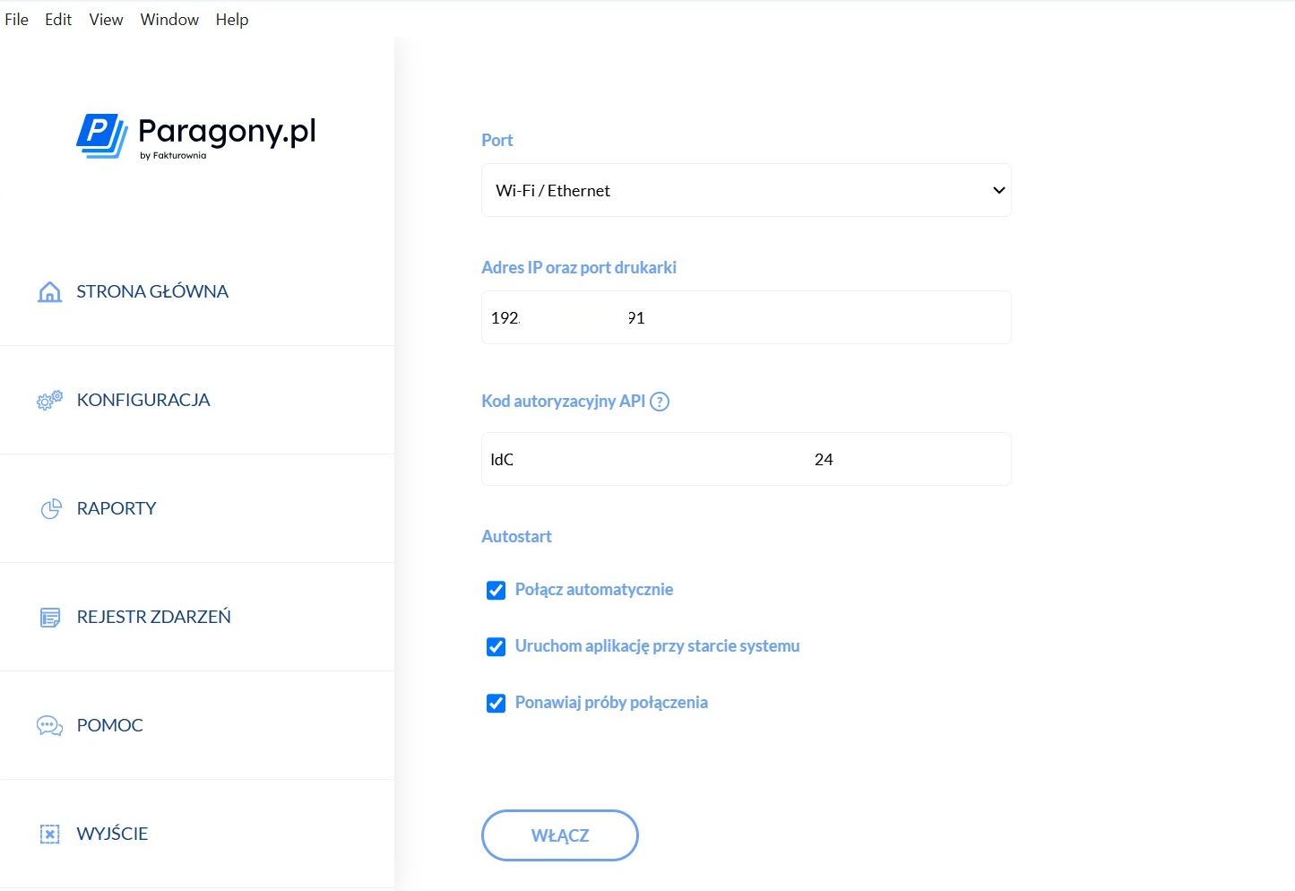 W sekcji 'Autostart' aktywuj właściwe opcje. Zaznacz checkbox przy opcji 'Połącz automatycznie' jeśli chcesz, by moduł samodzielnie łączył się z drukarką. Zaznacz checkbox przy opcji 'Uruchom aplikację przy starcie systemu', jeśli chcesz by moduł włą