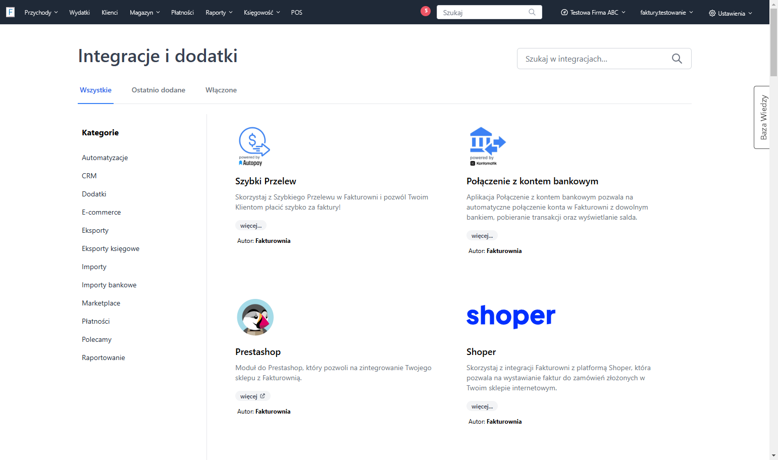 Na liście dostępnych w systemie integracji i dodatków możesz wyszukać właściwy za pomocą dedykowanej wyszukiwarki.