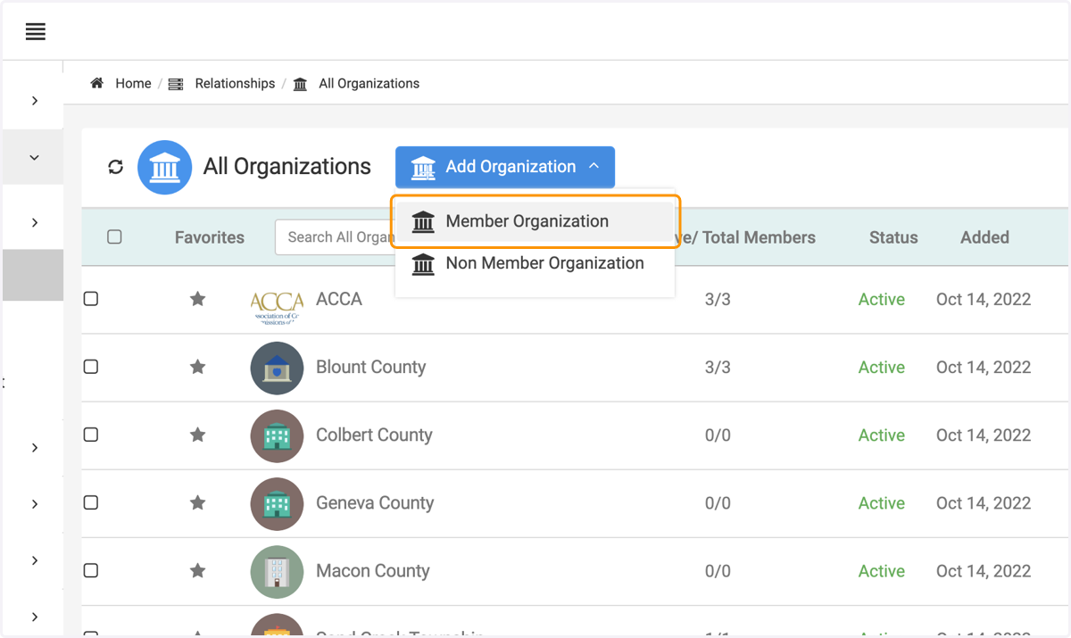 Choose between Member Organization or Non Member Organization