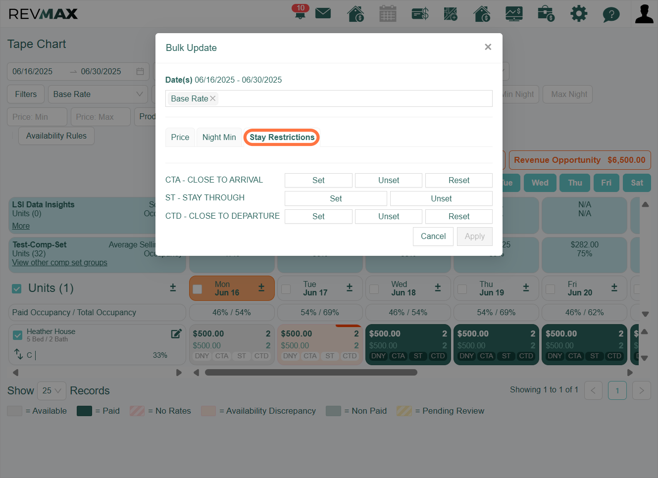 Go to the "Stay Restrictions" tab to apply Closed to Arrival (CTA), Closed to Departure (CTD), and Stay Through (ST).