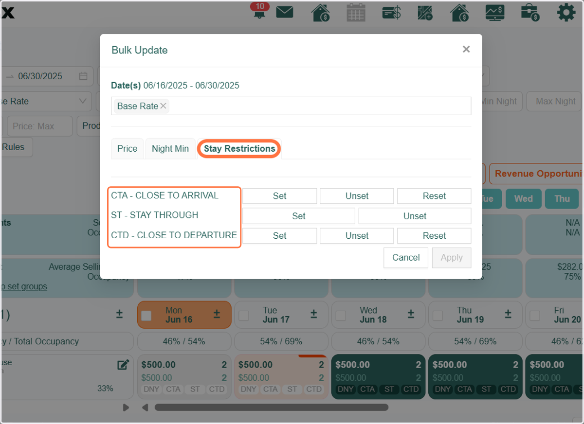 Go to the "Stay Restrictions" tab to apply Closed to Arrival (CTA), Closed to Departure (CTD), and Stay Through (ST).