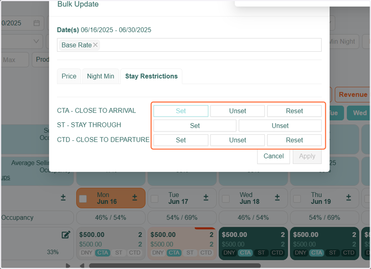 To apply any of the three options, click the "Set" button. To remove stay restrictions, simply use the "Unset" or "Reset" buttons.