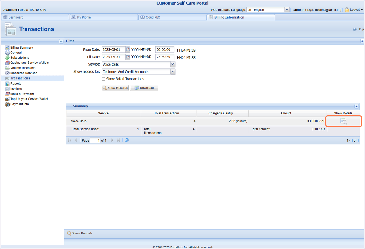 This will give you an overview of the call records during your selected time period. Click on "Show Details" to get a detailed view of the call records.