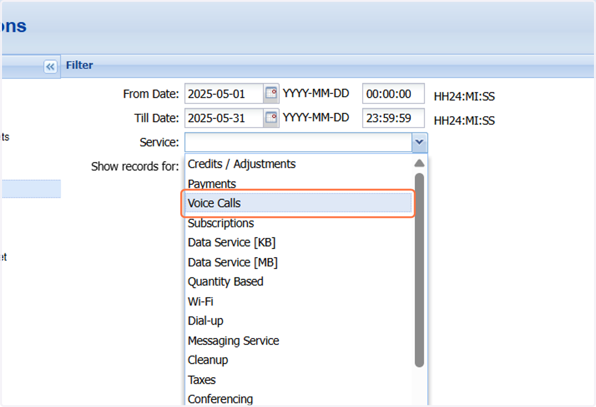 Click the "Service" dropdown and select "Voice Calls"