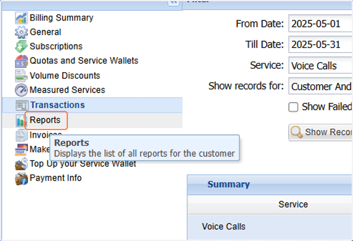 To view monthly CDR reports, click on "Reports"