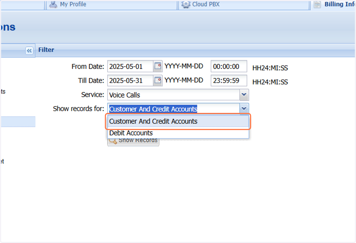 Click on the "Show records for" dropdown and select "Customer And Credit Accounts"