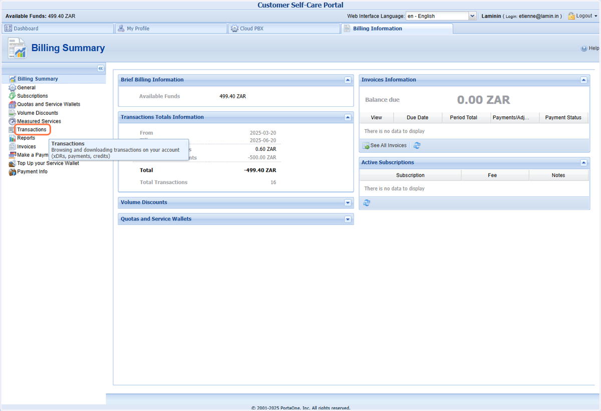 On the "Billing Information" tab, click on "Transactions" to view calls for a specific period