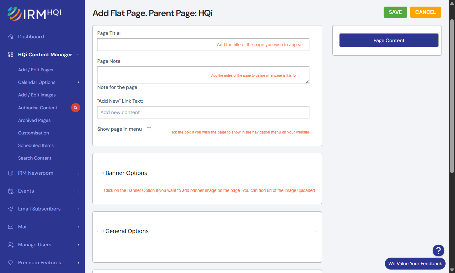 Once you've chosen "Add Flat Page," you will be directed to the following page (see below). In the "Page Title" field, add the name of your new page. This will appear within HQi and on your website.