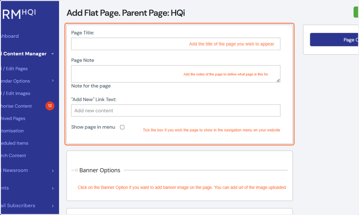 Once you've chosen "Add Flat Page," you will be directed to the following page (see below). In the "Page Title" field, add the name of your new page. This will appear within HQi and on your website.