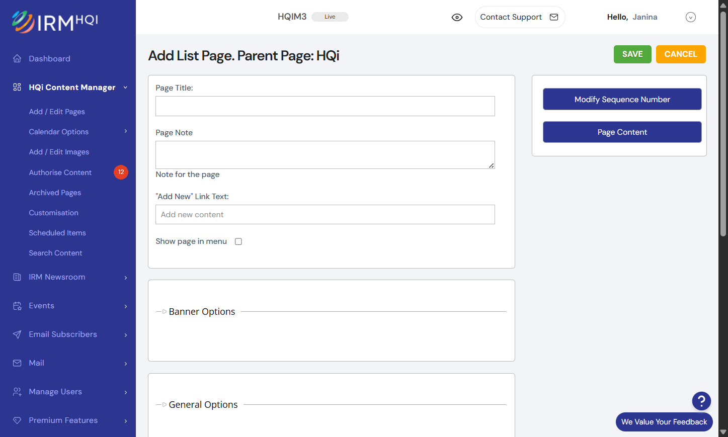 When you choose a "List Page," you will be led to the following page (see below). In the "Page Title" field, add the name of your new page. This will appear within HQi and your website.