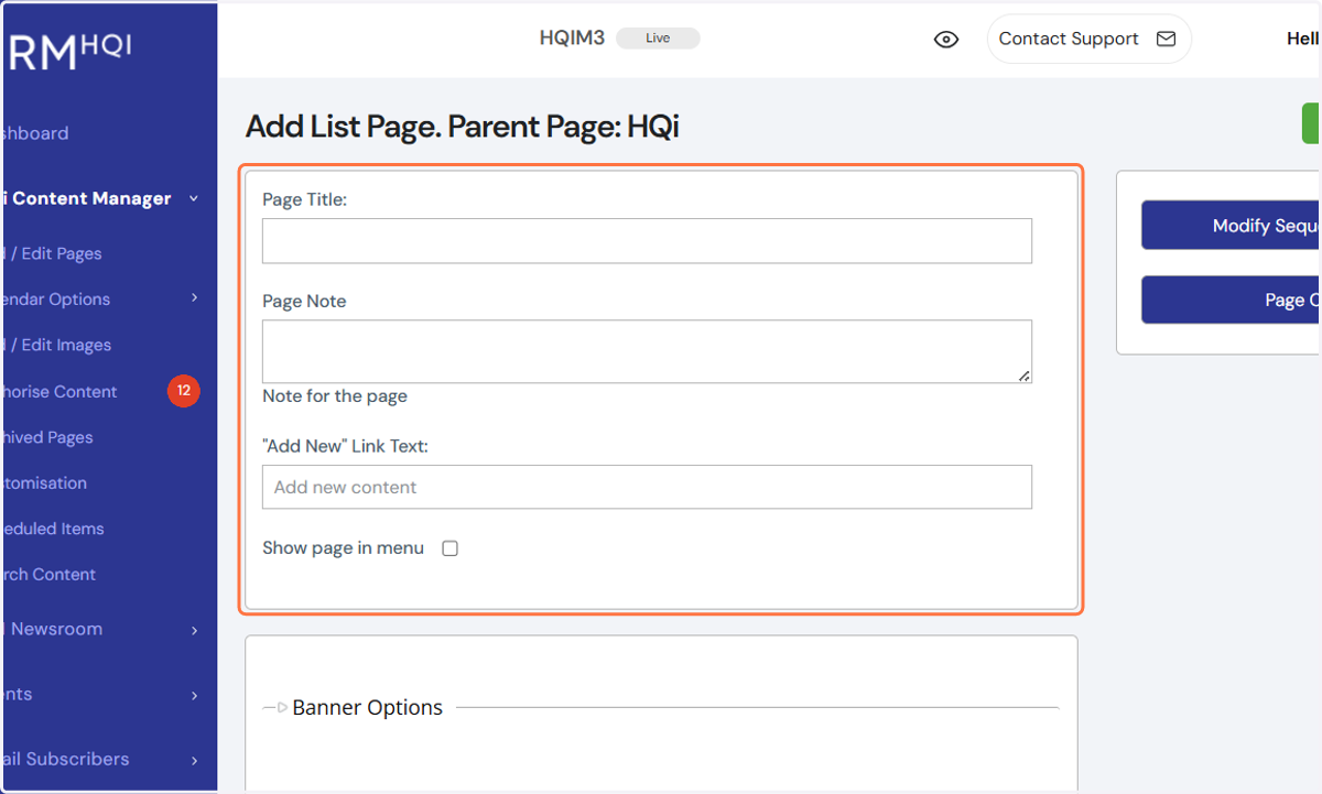 When you choose a "List Page," you will be led to the following page (see below). In the "Page Title" field, add the name of your new page. This will appear within HQi and your website.