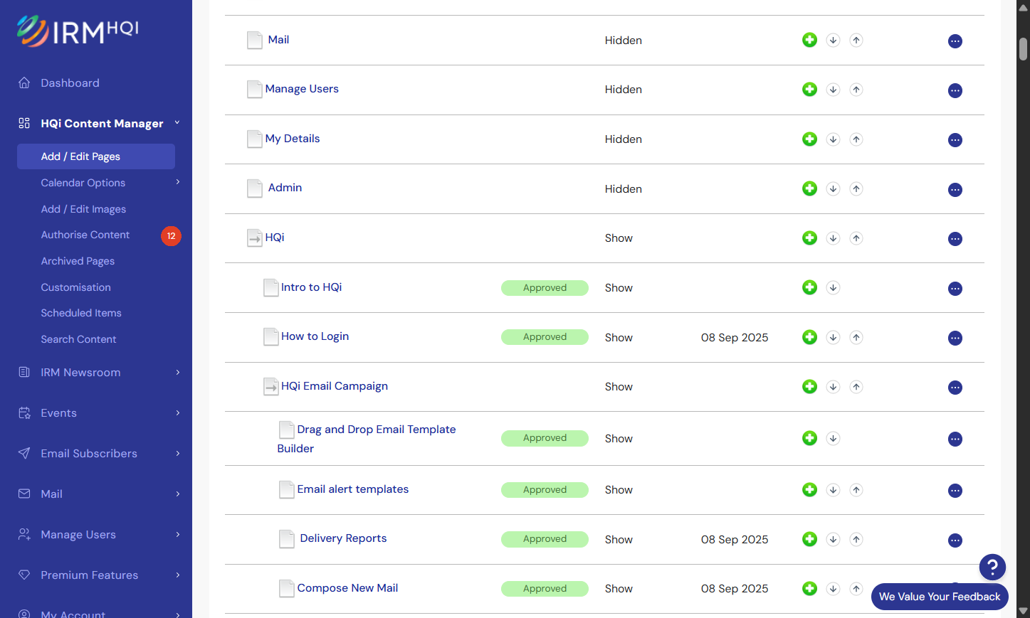 Choose the section where you would like to add the page, then select the green + button.