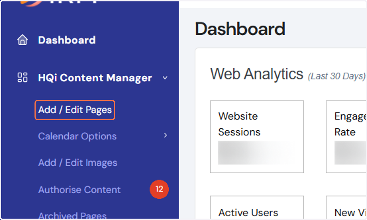 In your HQi dashboard, go to "Add/Edit Pages" under "HQi Content Manager".
