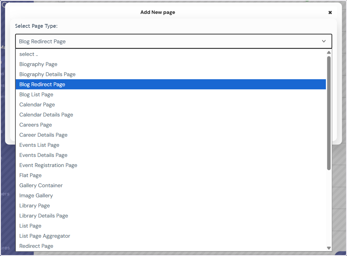 A pop-up box will appear (see below) after your selection. From here you can pick what type of page you would like to create.