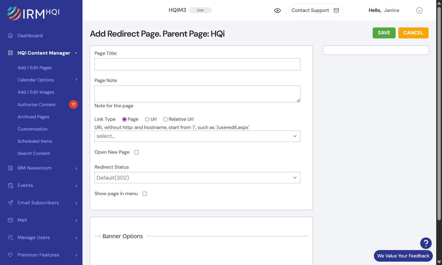 When you choose a "Redirect Page," you'll be brought to the following page (see below). In the "Page Title" field, add the name of your new page. This will appear within HQi and your website.