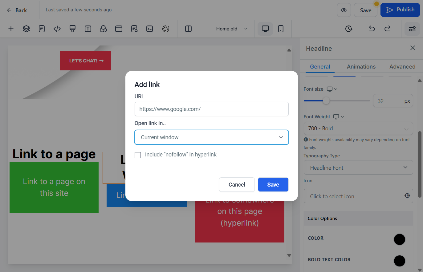 Choose where you want the link to open in