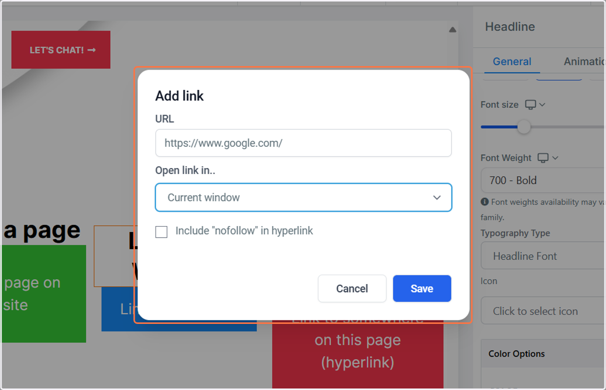 Choose where you want the link to open in