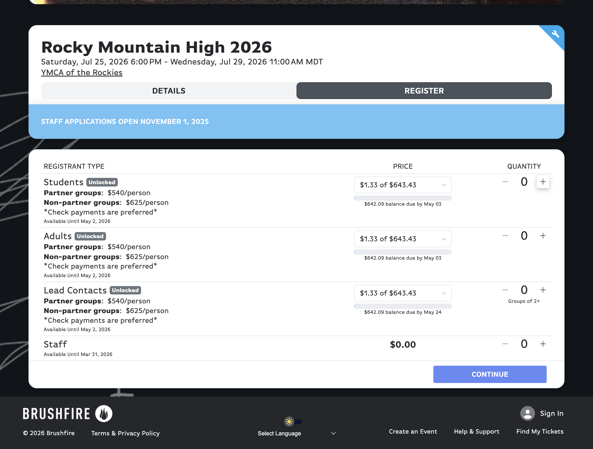Click on Increment Amount for Students (number of participants you're registering).