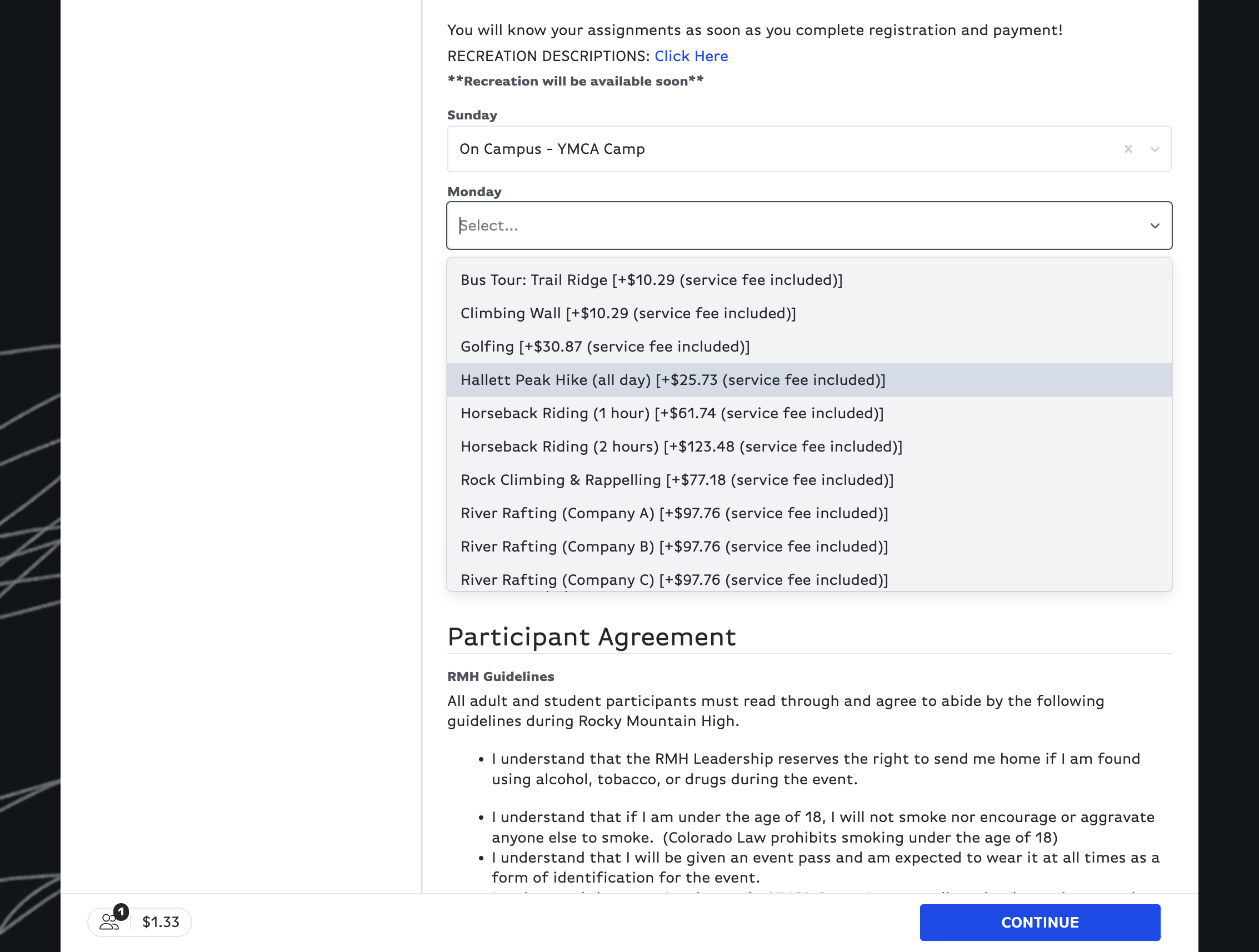 The options shown include service fees (not applicable for check payments)