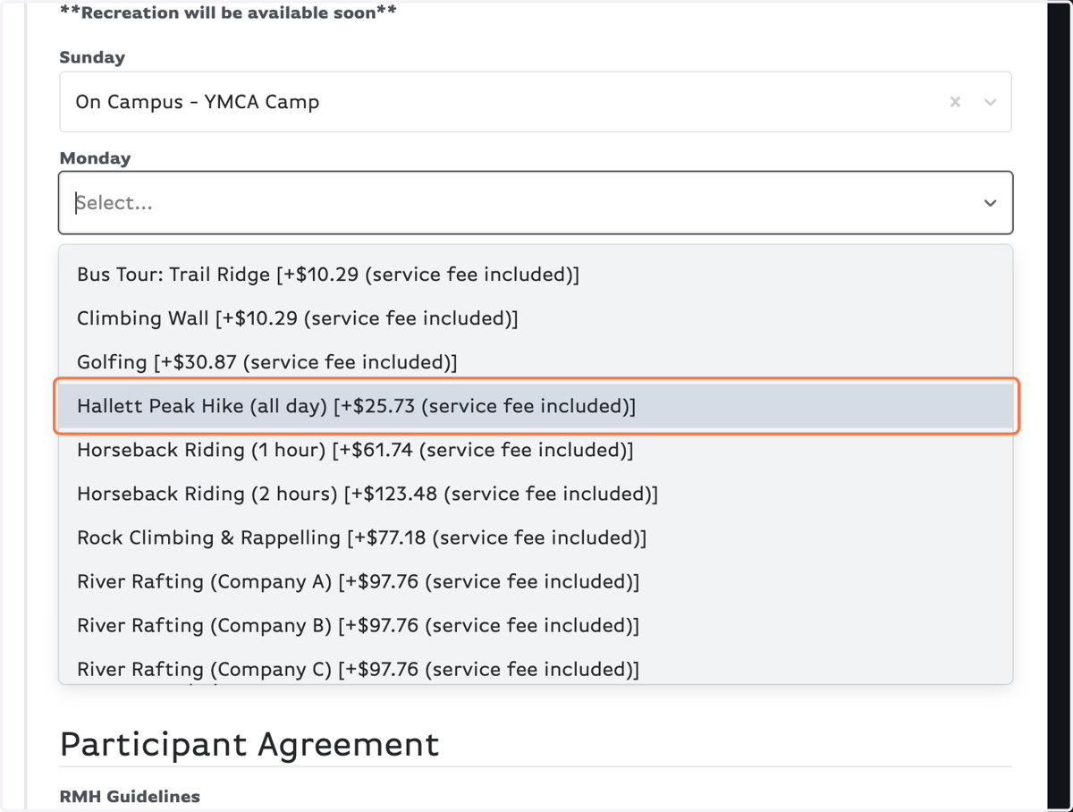 The options shown include service fees (not applicable for check payments)
