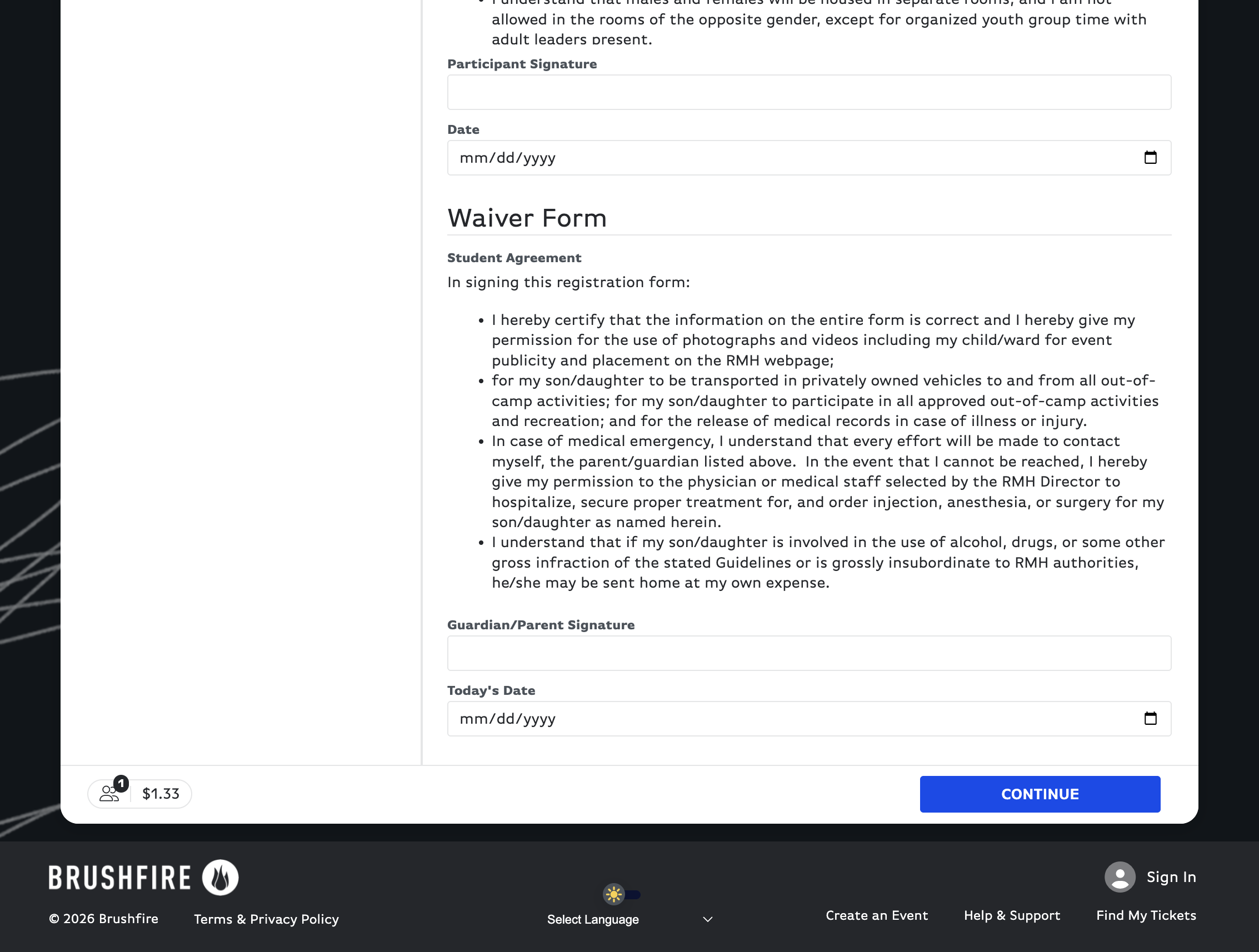 READ THE WAIVER FORM, then have a parent or guardian type their name to act as a digital signature for the Waiver Form.