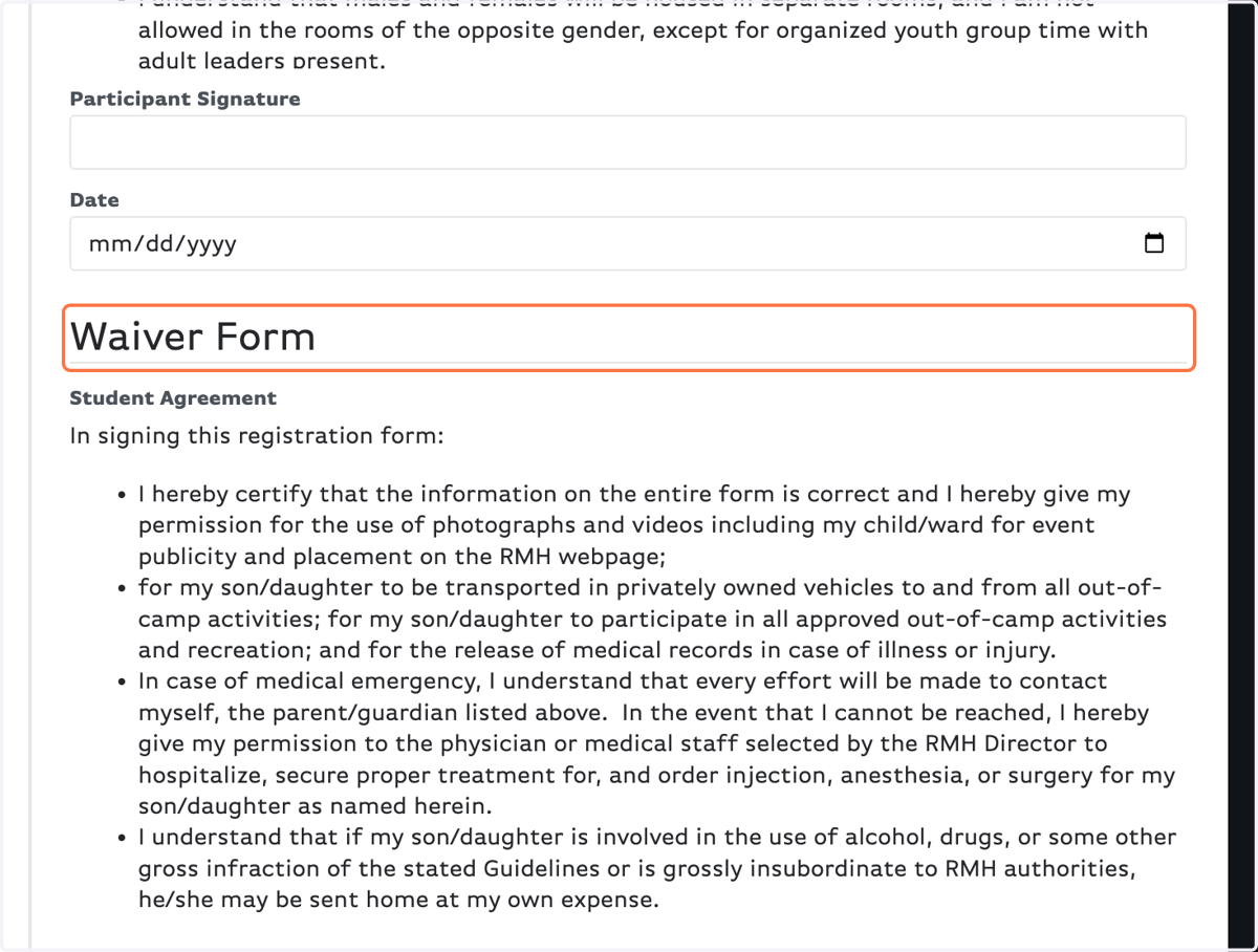 READ THE WAIVER FORM, then have a parent or guardian type their name to act as a digital signature for the Waiver Form.
