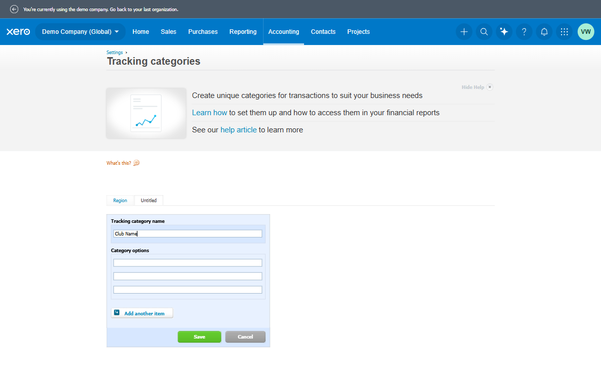 Type any tracking category name. Example: "Club Name"