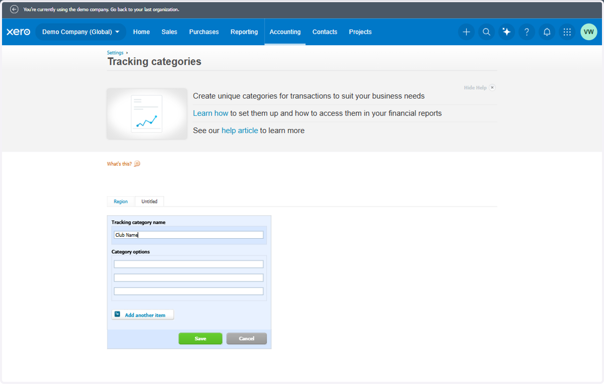 Type any tracking category name. Example: "Club Name"