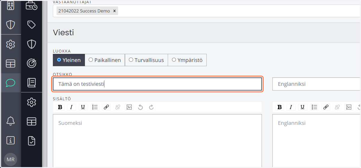 Kirjaa otsikko ja viestin sisältö