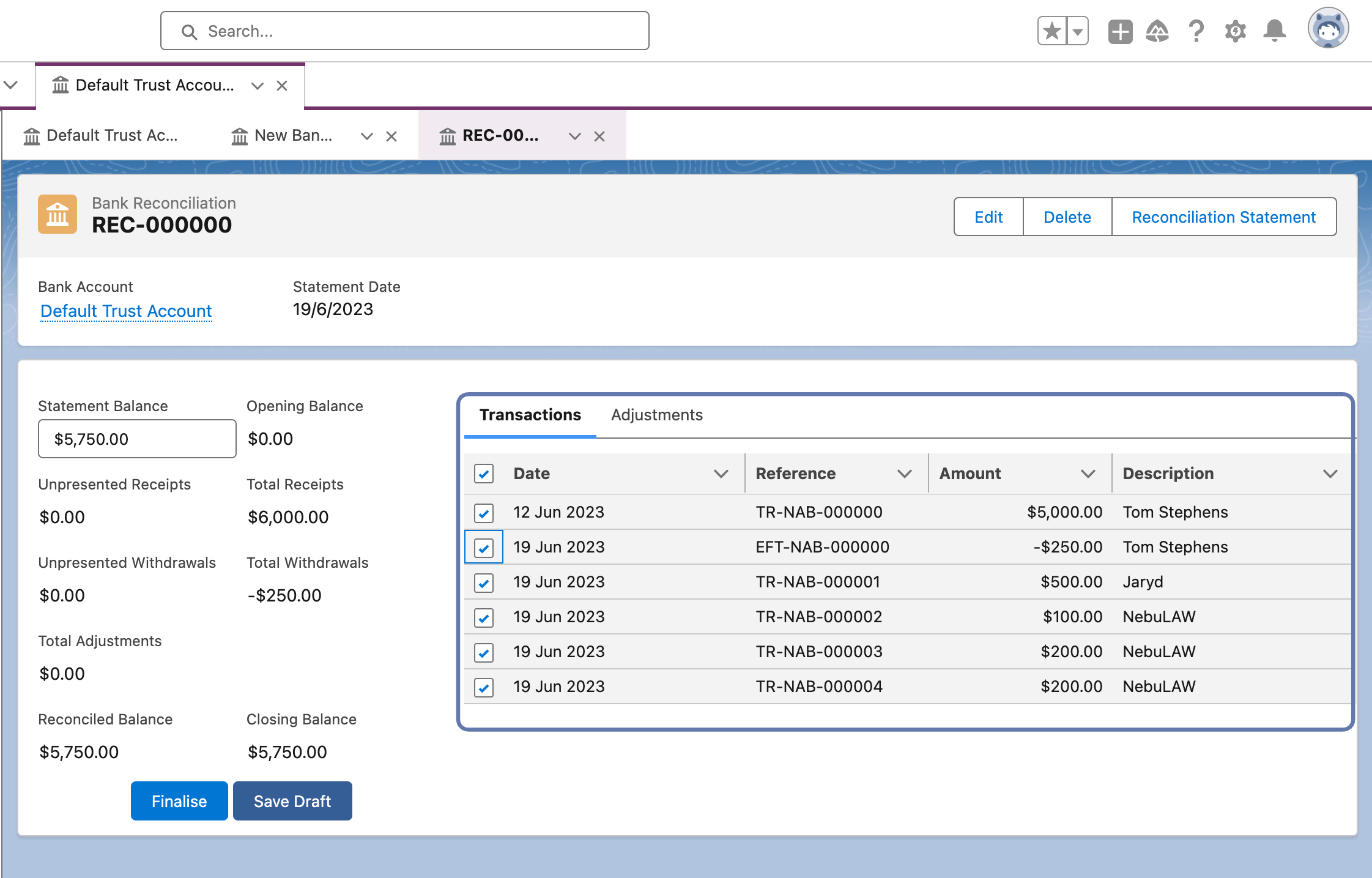 Match deposits & Withdrawals against Bank Statement