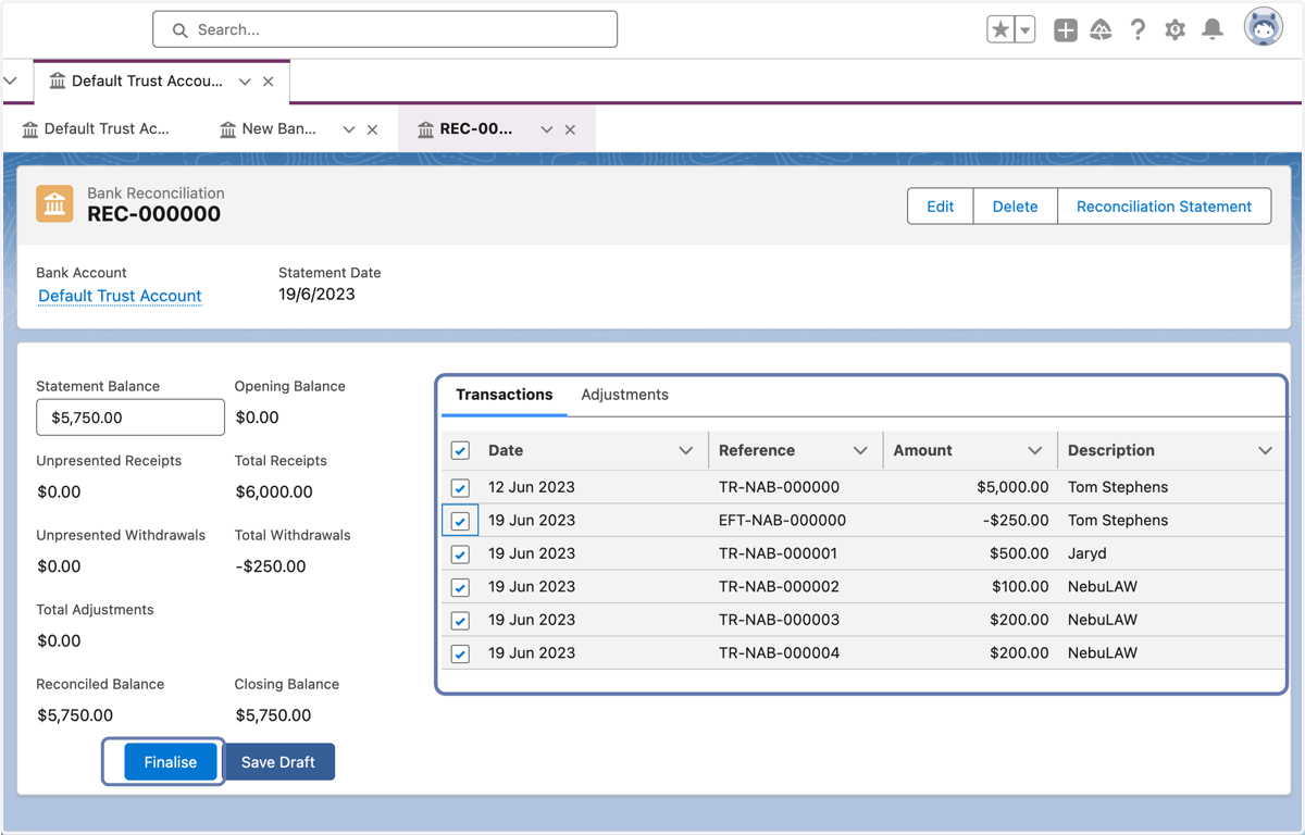 Match deposits & Withdrawals against Bank Statement