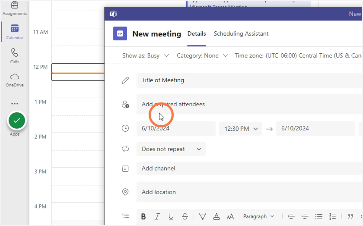 Add attendees, date, time, and any additional details to your meeting.