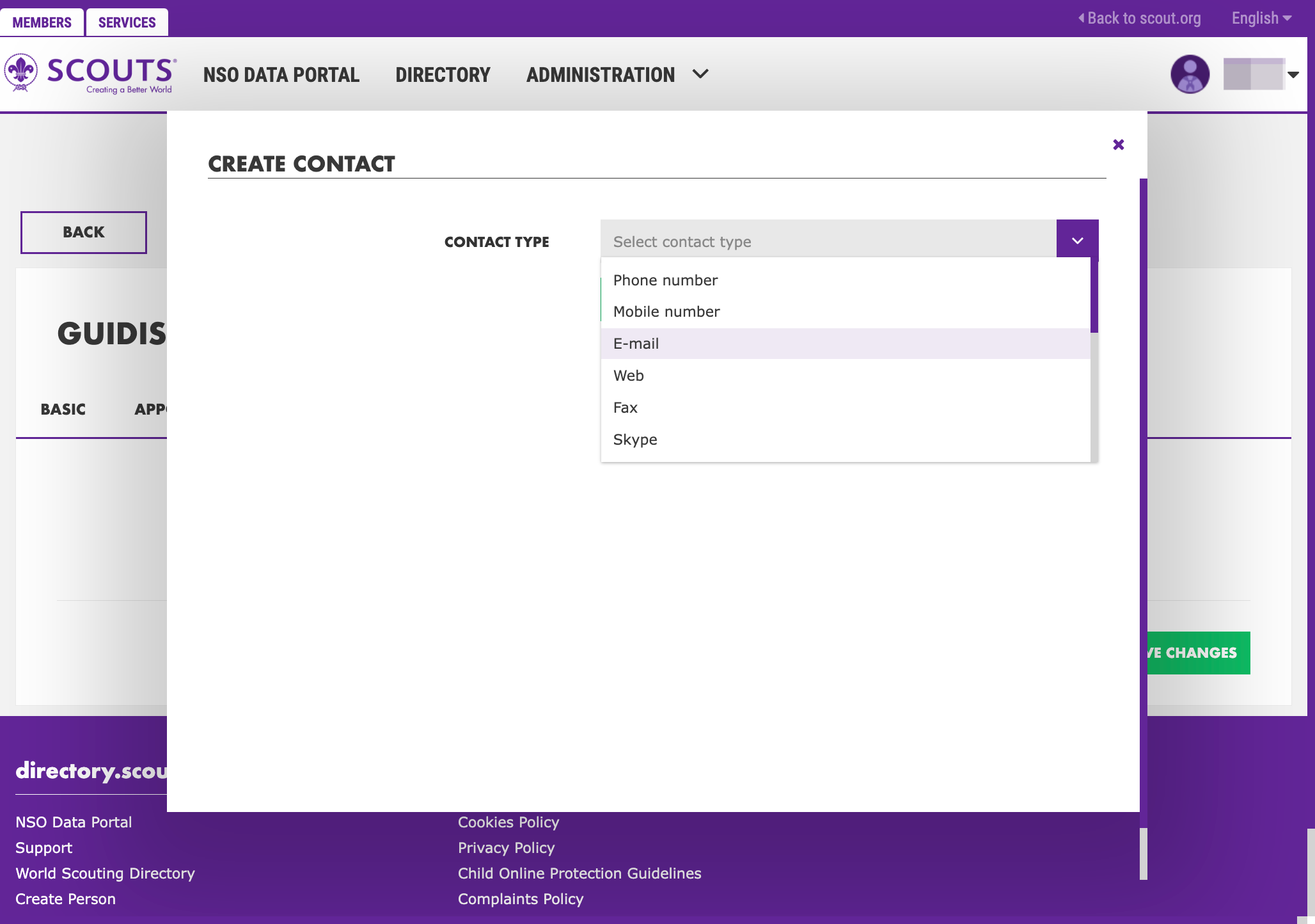 Select the contact type