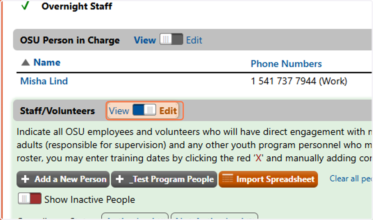 Toggle the switch on the Staff/Volunteers heading to Edit