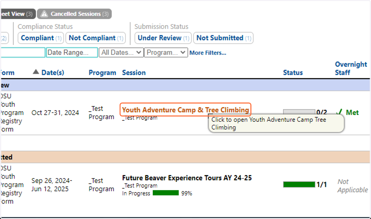 Click on the session name